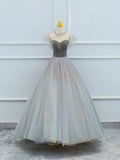 Lovely Velvet and Tulle Floor Length Prom Dress, Gray A-Line Formal Evening Dress HZ1024