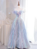 Lovely Purple Tulle Sequins Long Prom Dress, Off the Shoulder Evening Party Dress HZ1024