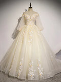 Champagne Tulle Lace Long Prom Dress, A-Line Off the Shoulder Long Sleeve Evening Dress HZ1024
