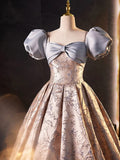 Stylish Floor-Length Printing Prom Dresses, A-Line Short Sleeve Backless Evening Formal Dresses HZ1024