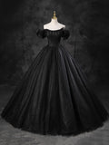 Black Sparkly Tulle Off the Shoulder Long Formal Dress, Elegant A-Line Black Evening Party Dress HZ1024