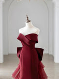 Off the Shoulder Floor Length Satin Prom Dress, Mermaid V-Neck Evening Party Dress HZ1024