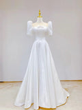 White Satin Short Sleeve Floor Length Prom Dress, White A-Line Party Dress HZ1024