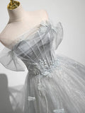 A-Line Off the Shoulder Sparkly Prom Dress, Gray Tulle Corset Floor Length Evening Dress HZ1024