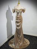 Gold Sequins Floor Length Prom Dress, Mermaid Off the Shoulder Evening Party Dress HZ1024