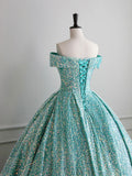 Sparkly Sequin Off the Shoulder Prom Dress, A-line Floor Length Evening Dress HZ1024