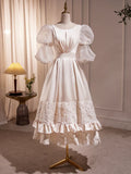 Beautiful Scoop Neck Tea Length Prom Dress, A-Line Puffy Short Sleeve Backless Party Dress HZ1024