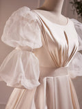 Beautiful Scoop Neck Tea Length Prom Dress, A-Line Puffy Short Sleeve Backless Party Dress HZ1024