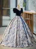 Blue V-Neck Short Sleeve Ball Gown, Blue A-Line Velvet Floor Length Evening Dress HZ1024