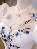 Elegant White Tulle Appliques Long Prom Dress, White High Neck A-Line Evening Dress HZ1024