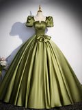 Green Satin Short Sleeve Floor Length Formal Dress, Green A-Line Prom Dress HZ1024