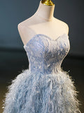 Blue A-Line Strapless Floor Length Prom Dress, Blue Evening Party Dress HZ1024