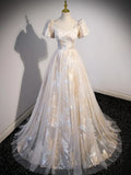 Champagne Tulle Long Formal Dresses, Champagne Short Sleeve Evening Dresses HZ1024