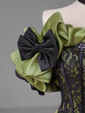 Green Satin Lace Long Prom Dress, Beautiful A-Line Evening Dress with Bow HZ1024