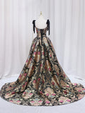 Black Floral Floor Length Prom Dress, A-Line Black Evening Dress HZ1024