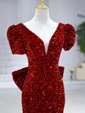 Mermaid Sequins Long Prom Dress, Burgundy V-Neck Evening Dress HZ1024