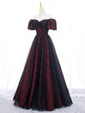 Black Tulle A-Line Prom Dress with Rose Print, Black Off Shoulder Evening Party Dress HZ1024