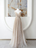 Champagne Spaghetti Strap Sequins Long Prom Dress, Shiny V-Neck Evening Dress HZ1024