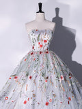 Lovely Strapless Floral Tulle Long Prom Dress, Gray A-Line Evening Party Dress HZ1024