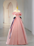 Pink Satin Floor Length Prom Dress, Off Shoulder Party Dress HZ1024