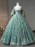 Green Floral Tulle Long Prom Dress, Cute Off Shoulder Evening Party Dress HZ1024