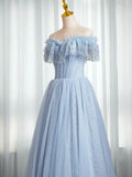 Blue Sweetheart Beaded Off the Shoulder Prom Dress, A-Line Blue Evening Dress HZ1024