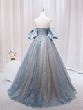 Blue Puff Sleeve Long A-Line Prom Dress, Off the Shoulder Formal Evening Dress HZ1024