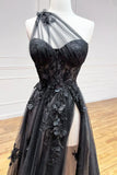 Black Tulle Lace Long Prom Dress, One Shoulder Evening Dress with Slit HZ1024
