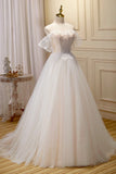 Champagne Lace Long A-line Prom Dress, Off the Shoulder Evening Dress HZ1024
