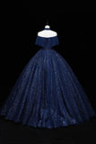 Blue Tulle Sequins Long Ball Gown, Elegant A-Line Formal Gown HZ1024