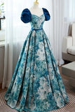 Blue Printed Long A-Line Prom Dress, Elegant Short Sleeve Formal Dress HZ1024