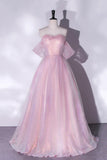 Pink Tulle Sequins Long Prom Dress, A-Line Formal Graduation Dress HZ1024