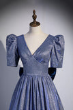 Blue Long A-Line Prom Dress, Simple V-Neck Short Sleeve Evening Dress HZ1024