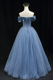 Blue Tulle Beaded Long Prom Dress, Elegant A-Line Blue Evening Dress HZ1024