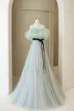 Green Tulle Floor Length Prom Dress, A-Line Off Shoulder Evening Dress HZ1024
