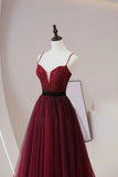 Burgundy Tulle Beaded Long Prom Dress, A-Line Spaghetti Strap Evening Dress HZ1024