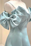 Blue Satin Long A-Line Prom Dress, Off the Shoulder Evening Dress HZ1024
