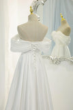 White Satin Long Prom Dress, Off the Shoulder Evening Dress HZ1024