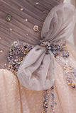 Pink Tulle Beaded Long Prom Dress, Off the Shoulder Evening Dress HZ1024