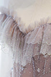 Pink Tulle Beaded Long Formal Dress, Pink V-Neck Prom Dress HZ1024