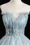 Blue Tulle Sequins Long Prom Dresses, A-Line Evening Dresses HZ1024