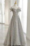 Grey Tulle Sequins Long A-Line Prom Dresses, Off the Shoulder Evening Dresses HZ1024