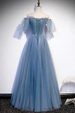 Blue Tulle Beading Long Prom Dresses, A-Line Evening Party Dresses HZ1024
