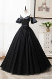 Black V-Neck Tulle Long Prom Dresses, A-Line Black Evening Dresses HZ1024
