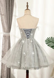 Gray Strapless Feather Short Prom Dresses, Cute Party Dresses HZ1024