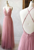 Simple Tulle Long Prom Dress, A Line Backless Evening Dress HZ1024