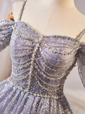 Shiny Tulle Sequins Knee Length Prom Dress, A-Line Off the Shoulder Evening Party Dress HZ1024