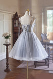 Gray Tulle Knee Length A-Line Party Dress, Lovely Spaghetti Strap Evening Dress HZ1024