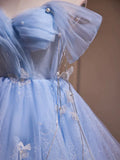 Blue Tulle Short A-Line Prom Dress, Lovely Off the Shoulder Party Dress HZ1024