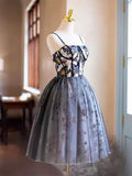 Black Printing Sequins Party Dress, Spaghetti Straps Sleeveless Backless Short Formal Dress HZ1024